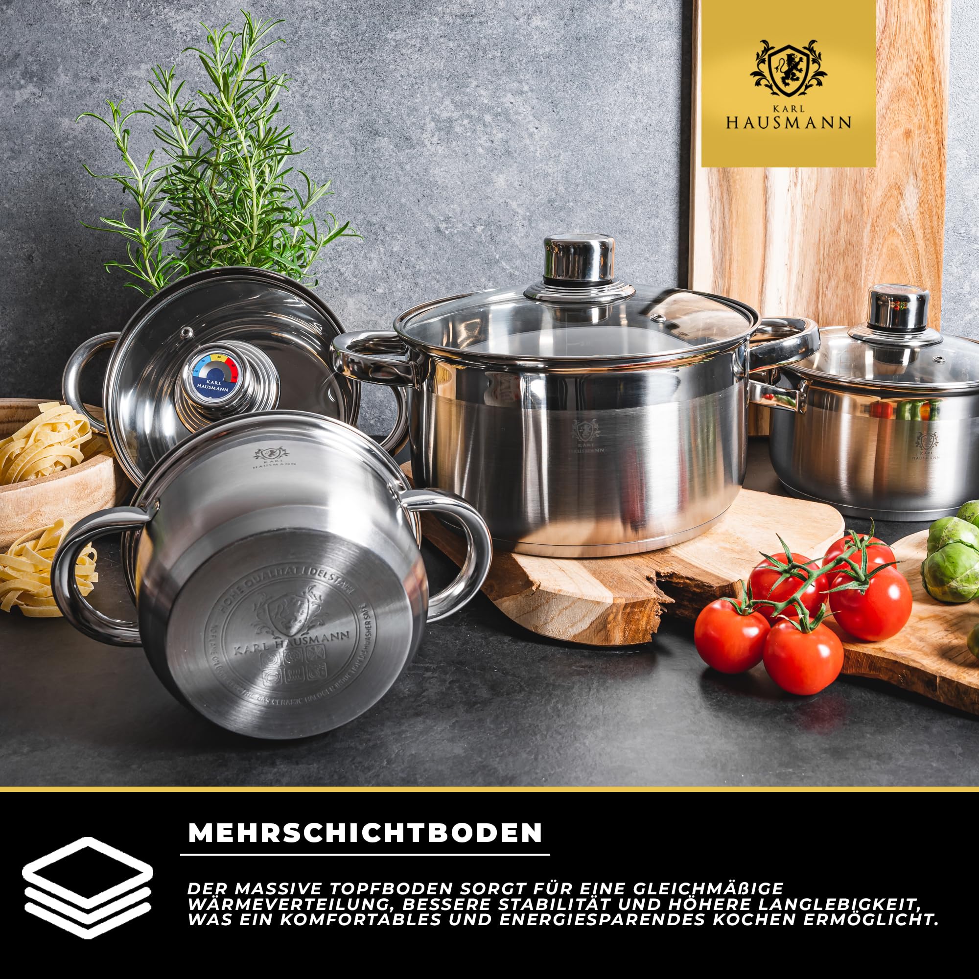 KARL HAUSMANN Topfset Induktion Edelstahl 4-Teilig mit Thermometer Deckel - Kochtöpf für Alle Herdarten, Kochtöpfe Set Küche, Töpfe mit Glasdeckel, für Alltag, Gas, Ceran, Elektro