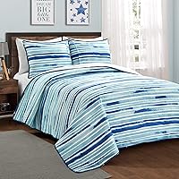 Vista 2 de Lush Decor Space Star - Juego de edredón de 2 piezas, tamaño individual, azul marino y blanco, estampado de rayas de acuarela reversible