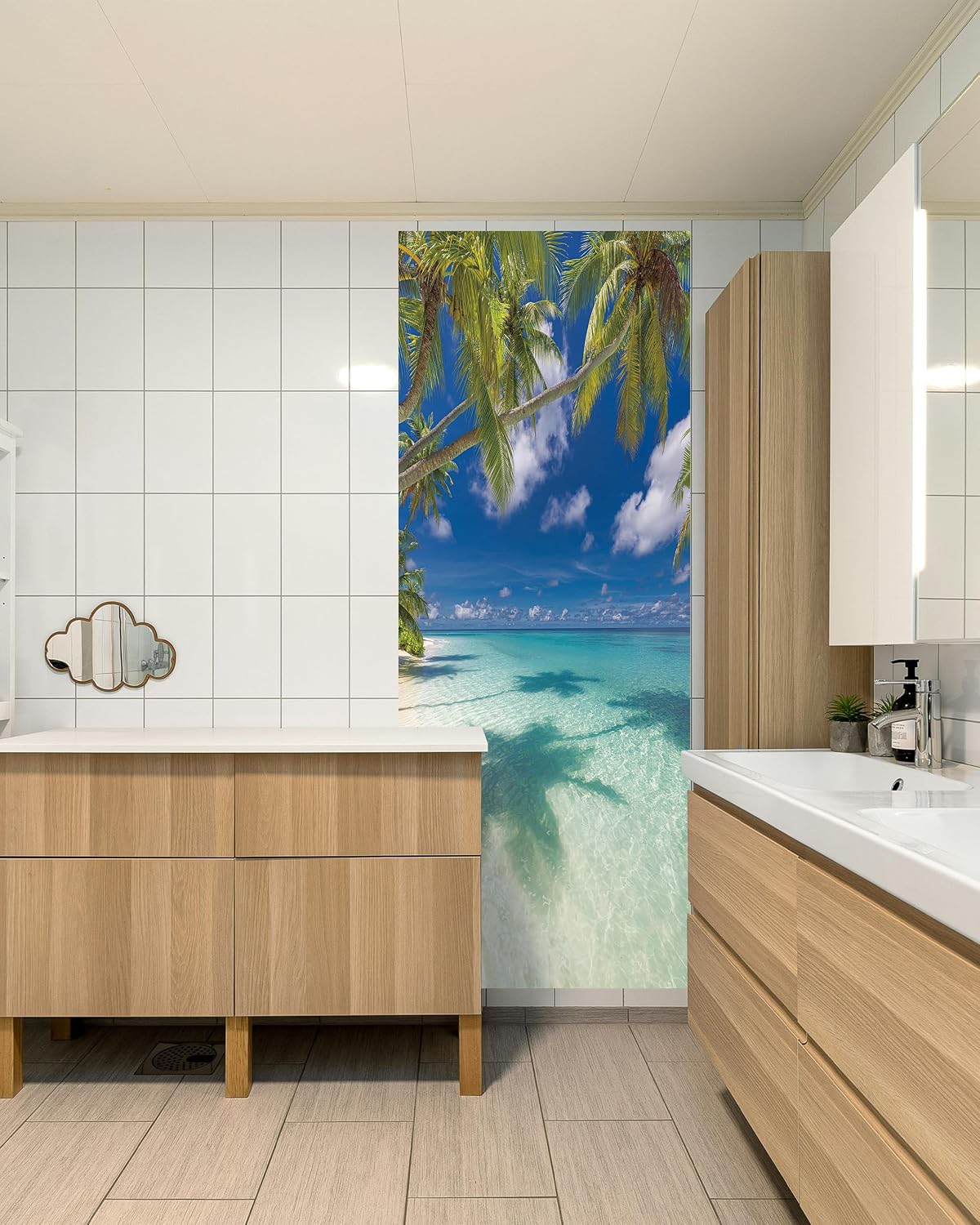 FLFK Door Sticker - Beach and Palm Tree Wall Mural, Peel and Stick, Removable Self-Adhesive Door Wallpaper for Home Decor, 30.3" W x 78.7" L, Set of 2 Sheets