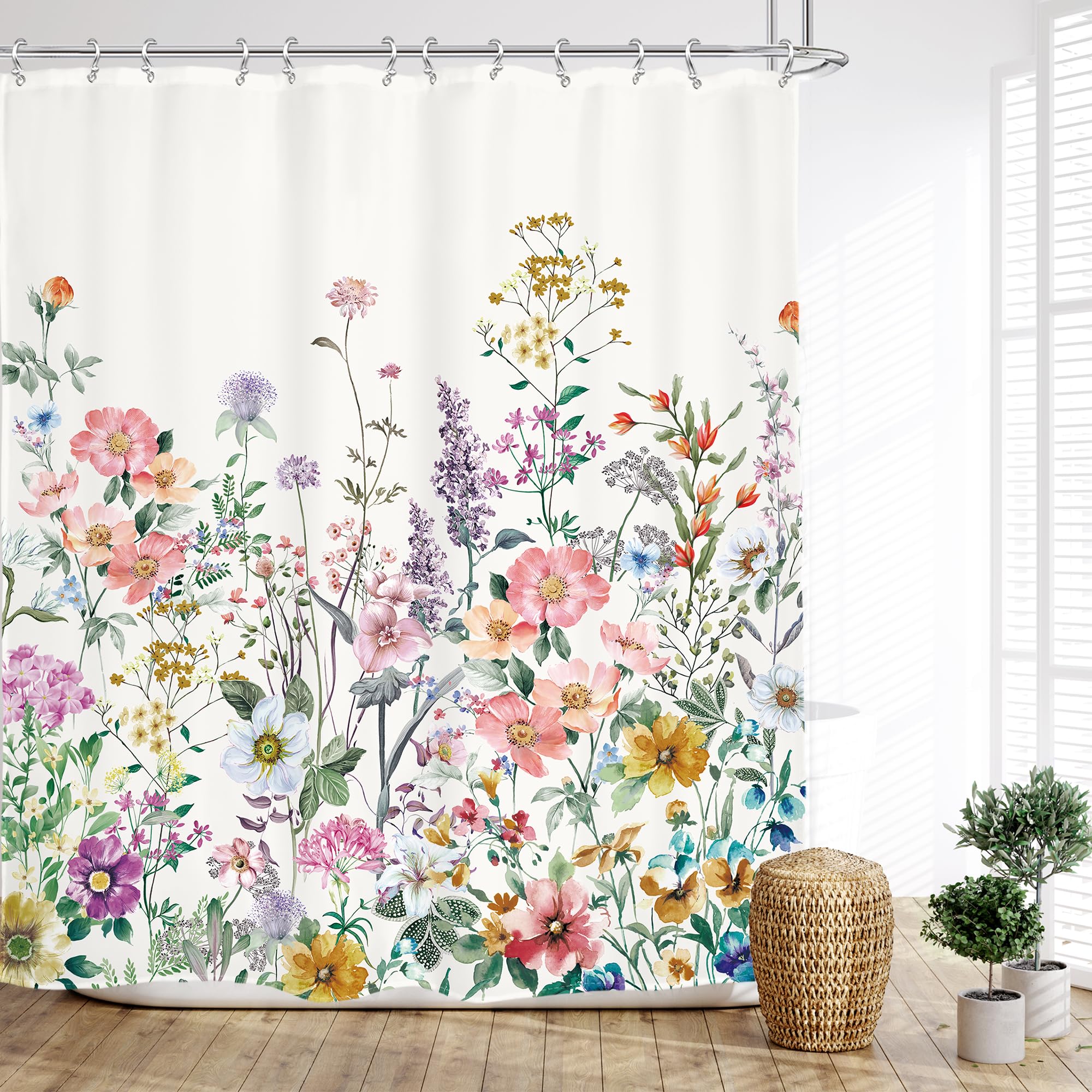 Glawry Spring Cool Wildflowers Shower Curtain 60Wx72L Inches Watercolor Lavender Purple Lilac Floral Green Leaf Botanical Bathroom Plants Nature Bath Accessories Art Home Decor Fabric 12 Pack Hooks