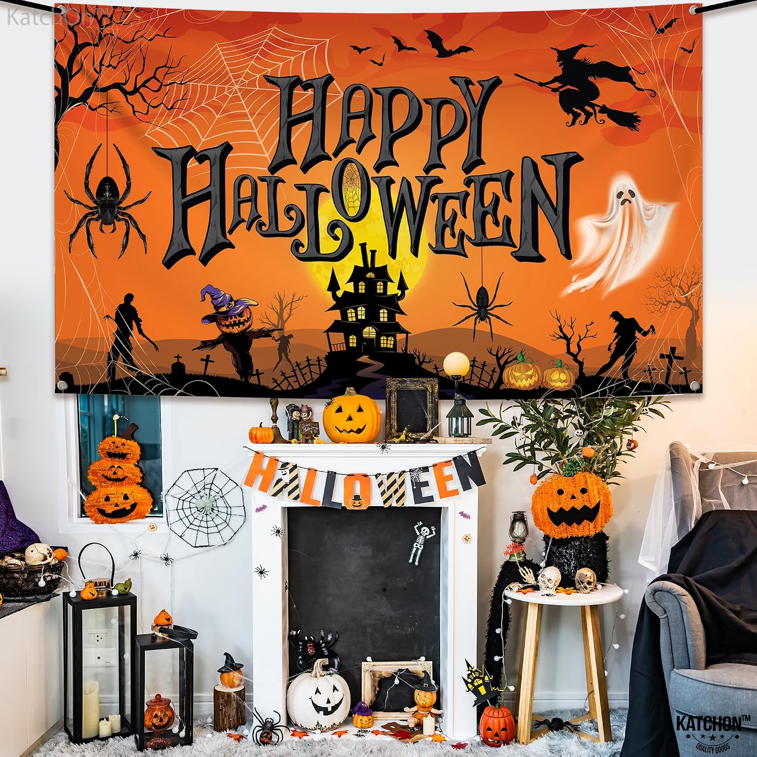 KatchOn Orange Happy Halloween Banner - XtraLarge 72x44 Inch | Pumpkin Backdrop for Party Decorations & Photography | Halloween Birthday Party Decorations