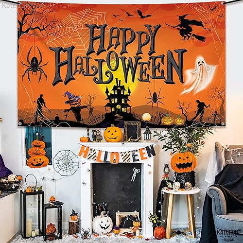 Miniatura 7 de KatchOn Cartel naranja de feliz Halloween, extra grande de 72 x 44 pulgadas, telón de fondo de calabaza para decoraciones de fiesta y fotografía,