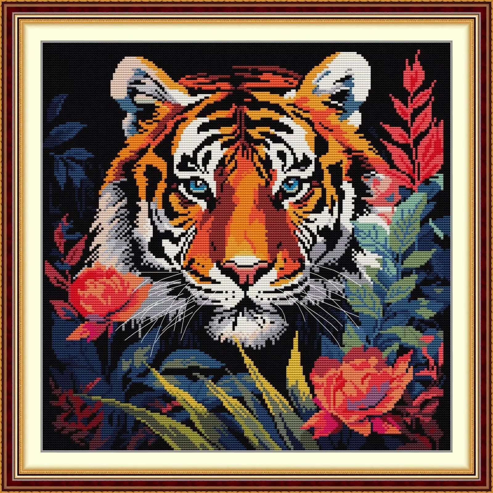 CROSSDECOR Stamped Cross Stitch Kits Full Range of DIY Needlepoint for Adult Beginners Tiger Pattern, for Gift and Home Decor 14CT 2 Strands 15.7×15.7 inch