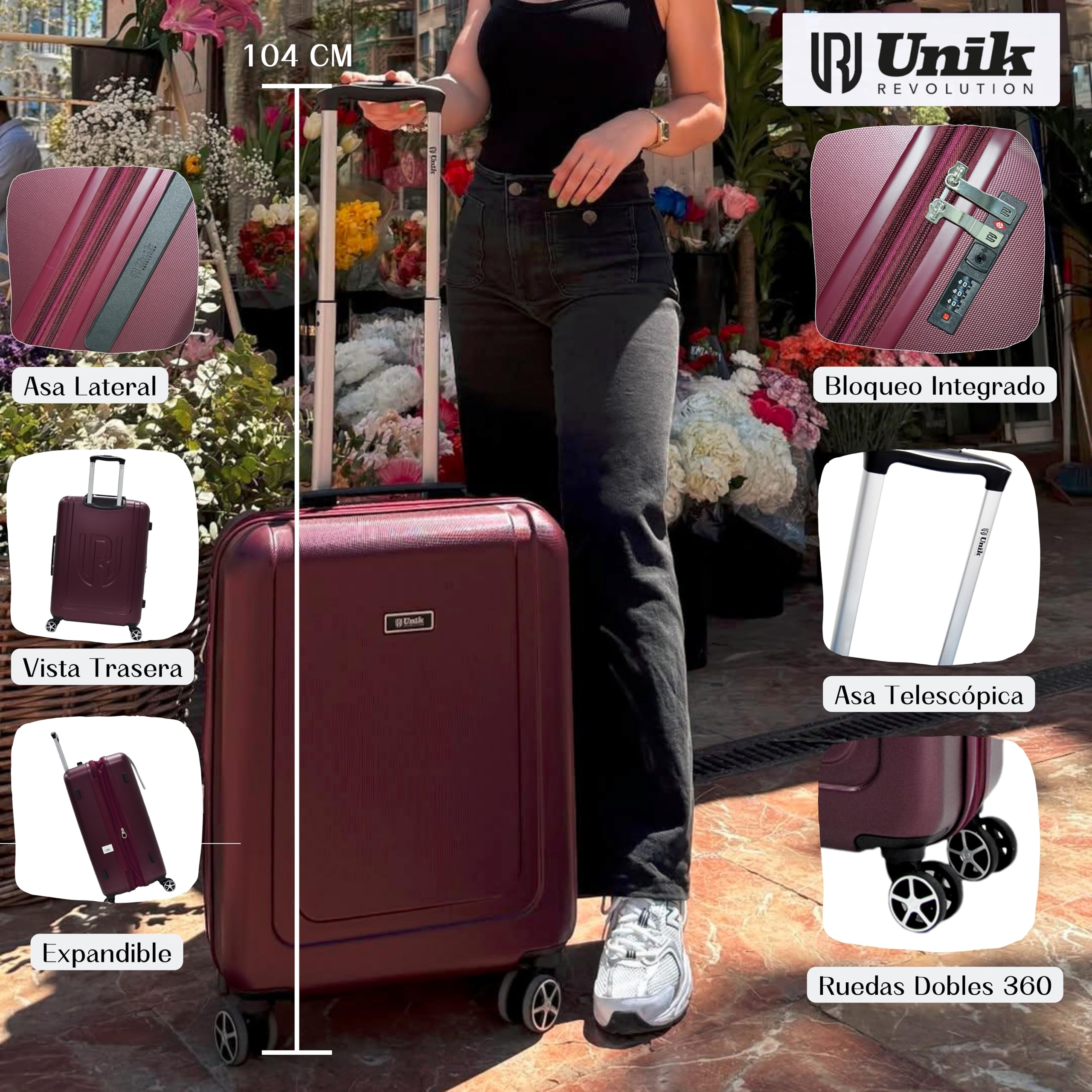 Maleta de Viaje Grande 77cm 28" Expandible – Rígida ABS Ecológica, 4 Ruedas Dobles 360°, Ligera y Resistente, Cerradura de 3 Dígitos Integrada, Interior con Forro de Poliéster – Burdeos- Unik
