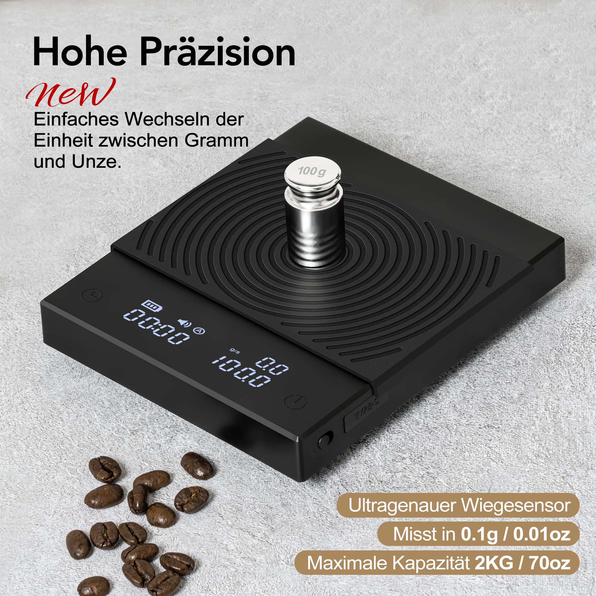 TIMEMORE Black Mirror Basic 2, Pour-Over Drip Coffee Scale mit automatischem Timer und Durchflussrate-Funktion, Präzision von 0,1 g, Digitale Kaffeewaage, Kapazität von 2000 g, Schwarz