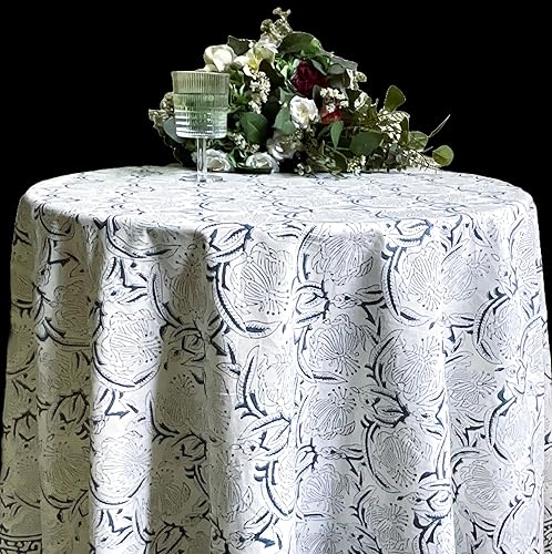Miniatura 7 de ATOSII Mantel redondo azul azora 100% algodón, estampado floral a mano, para cocina, comedor, lino, fiestas, bodas, exteriores, 90 pulgadas, redondo