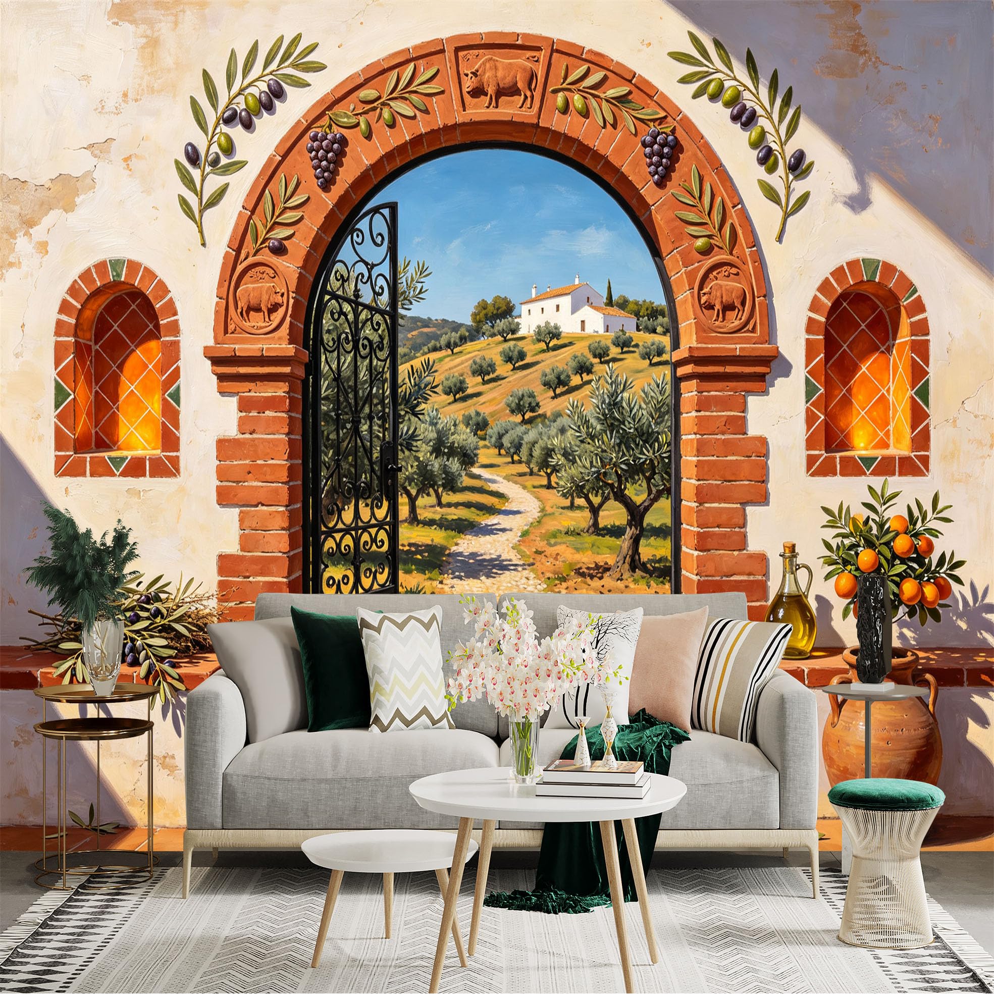 Custom Size Wall Sticker Mural， Rustic Mediterranean Archway， Olive Grove Path， Tuscan Countryside View， for wall Decoration， peelandstick wall Decals.
