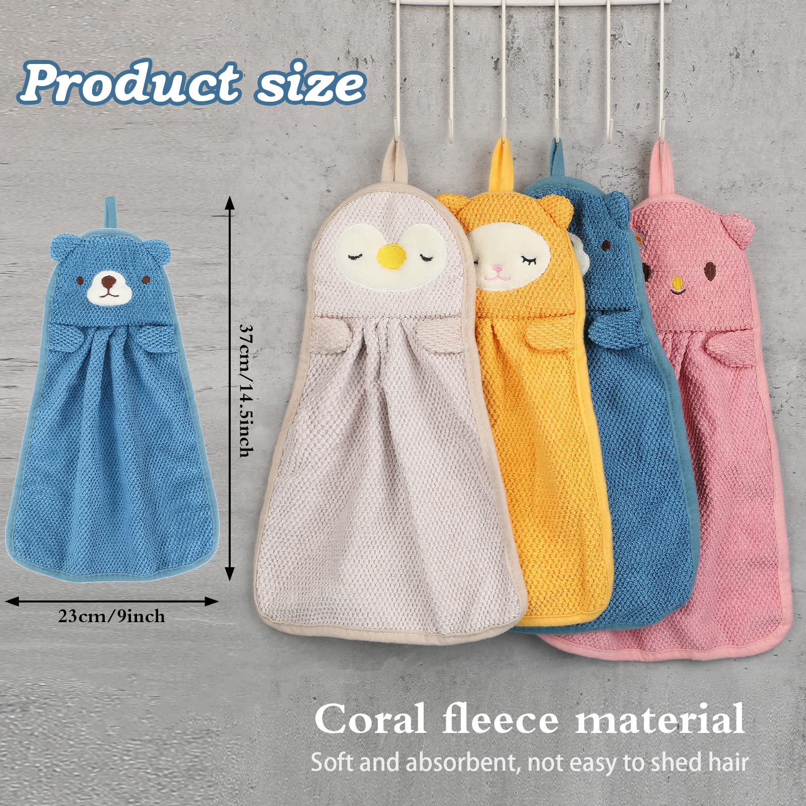 4 Toallas de Mano para Niños Toallita de Animal Lindo Toallas Absorbentes de Microfibra Toallas Faciales de Secado Rápido con Bucle Colgante para Cocinas y Baños