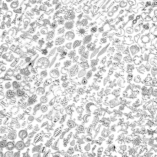 400 Pcs Silver Charms for Jewelry Making , Wholesale Bulk Lots Tiny Assorted Mixed Tibetan Silver Metal Pendants for DIY Necklace Bracelet Making and Crafting - Silver