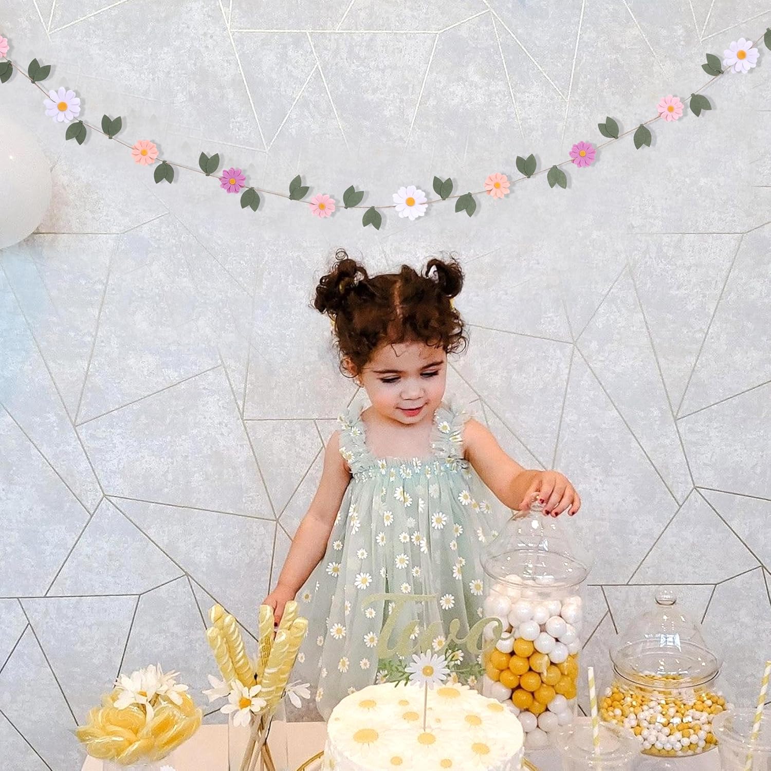 Daisy Leaf Felt Garland - Spring Flower Birthday Wedding Decorations, Colorful Daisy Green Leaves Banner, Felt Floral Wall Hanging Garland, Bohemian Garden Party Photo Props (Pink Daisy Leaf Garland) - Image 5