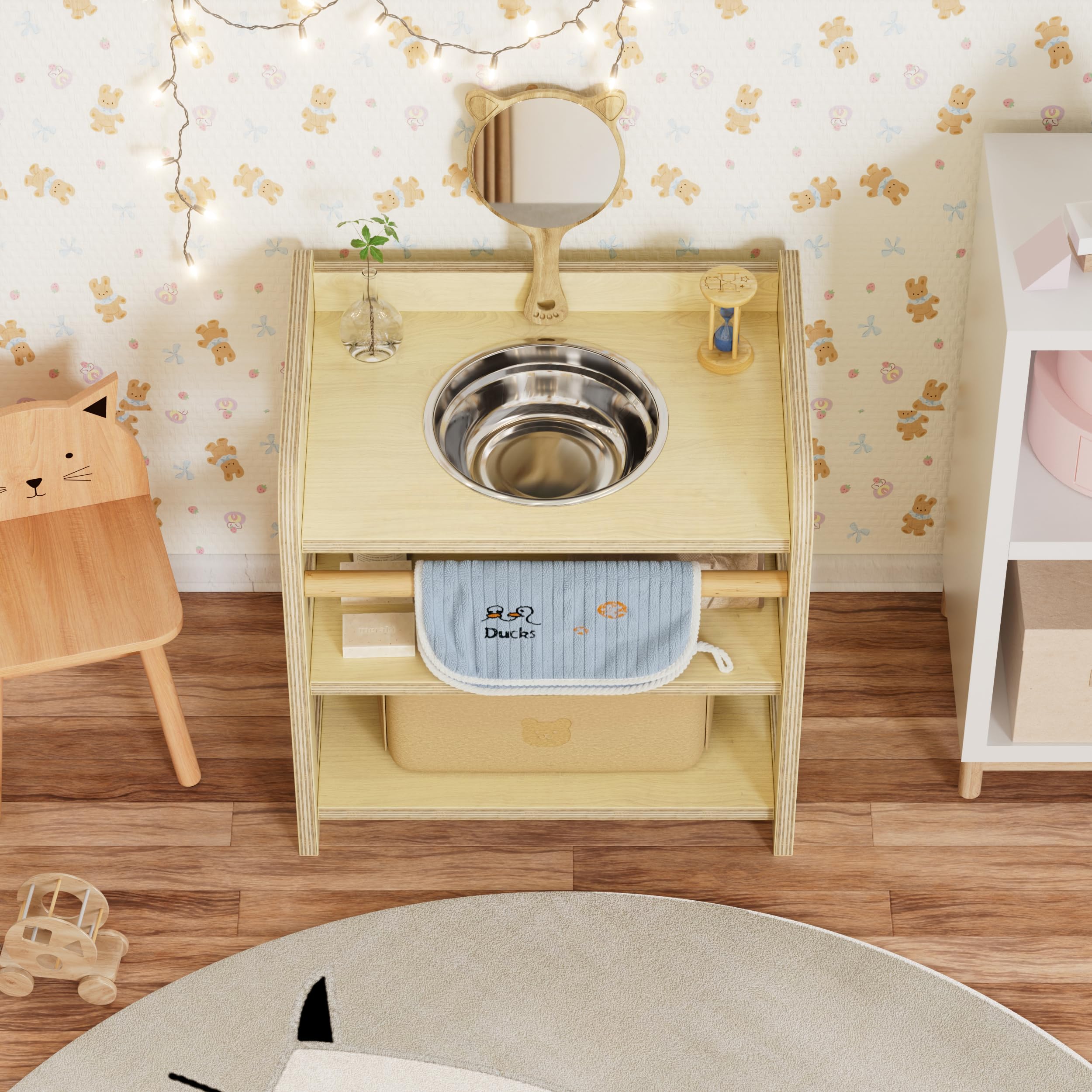 MSFE Lavabo Montessori con Espejo de Oso,Reloj de Arena,Toalla y Cesta,Marco de Lavabo Infantil de Madera para Ayudar al Niño a Experimentar la Higiene Personal e Autonomía con Diversión,35*50*50CM