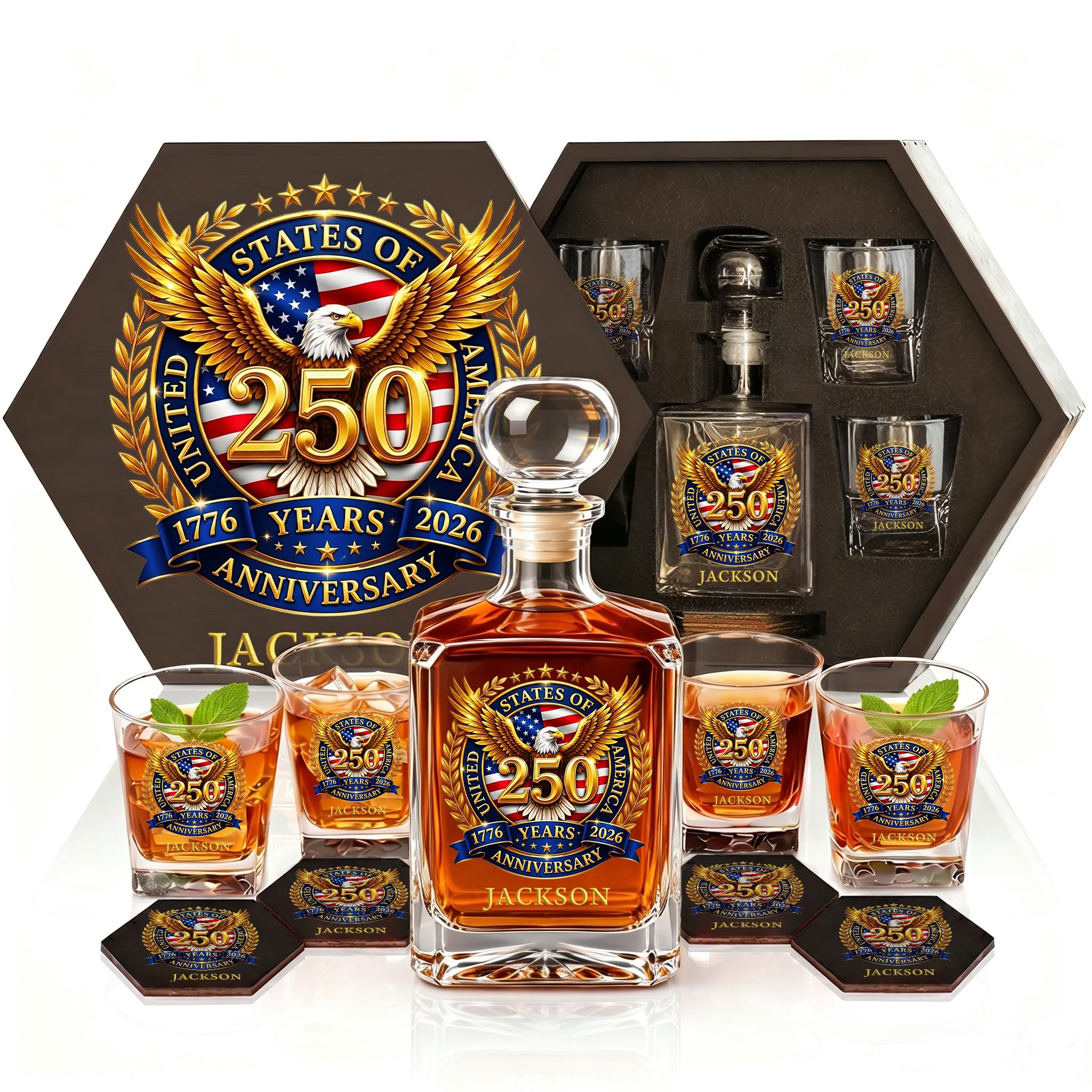 Veterans Day Gifts Personalized 250th Anniversary Whiskey Decanter Set for Men, Custom Patriotic Bourbon Decanter Gift Box With Gold Eagle, 1776-2026 America 250 Years Celebration for Dad Husband