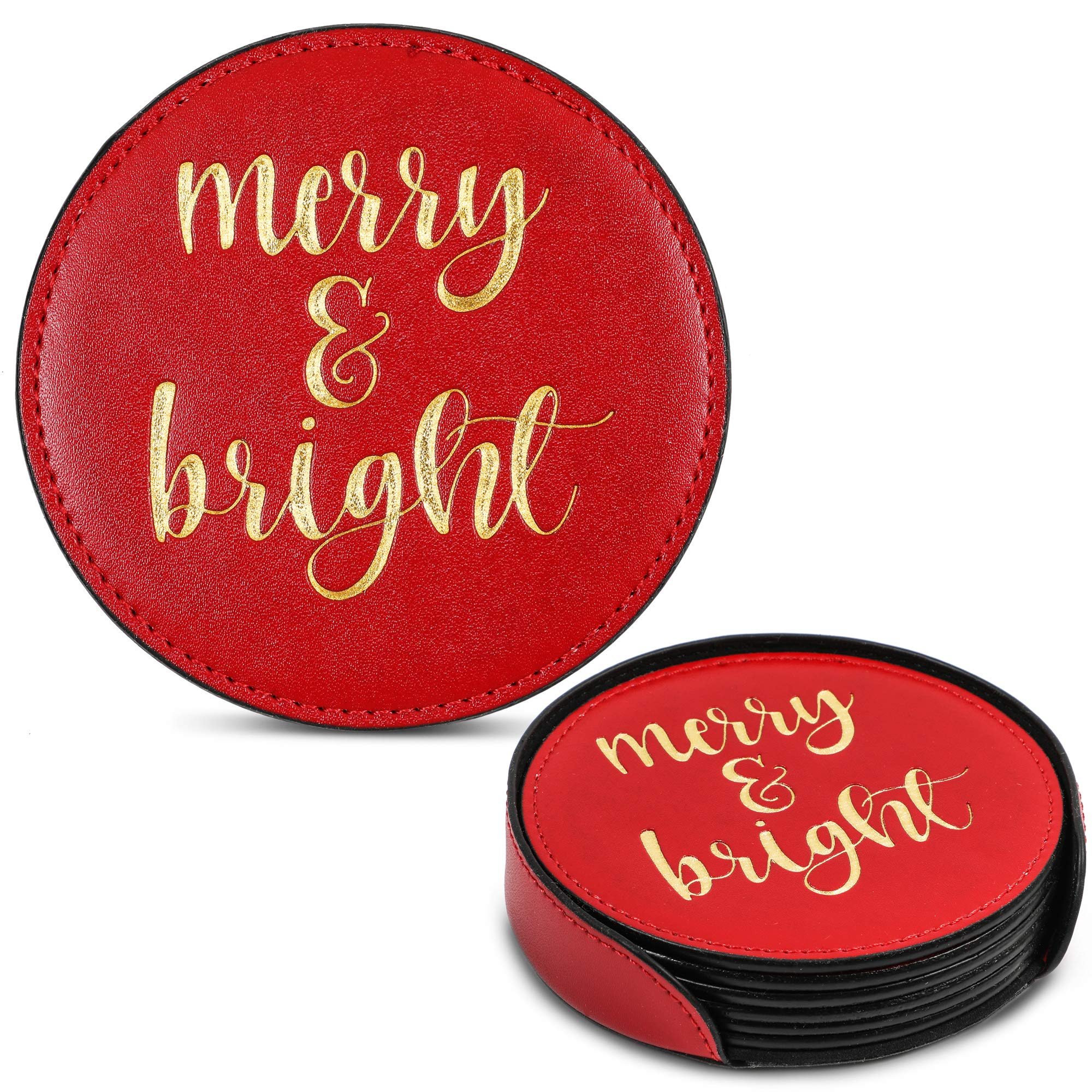 Christmas Drink Coasters Gift with Holder, Merry and Bright (Faux Leather, 6 Coasters, 1 Case Holder)