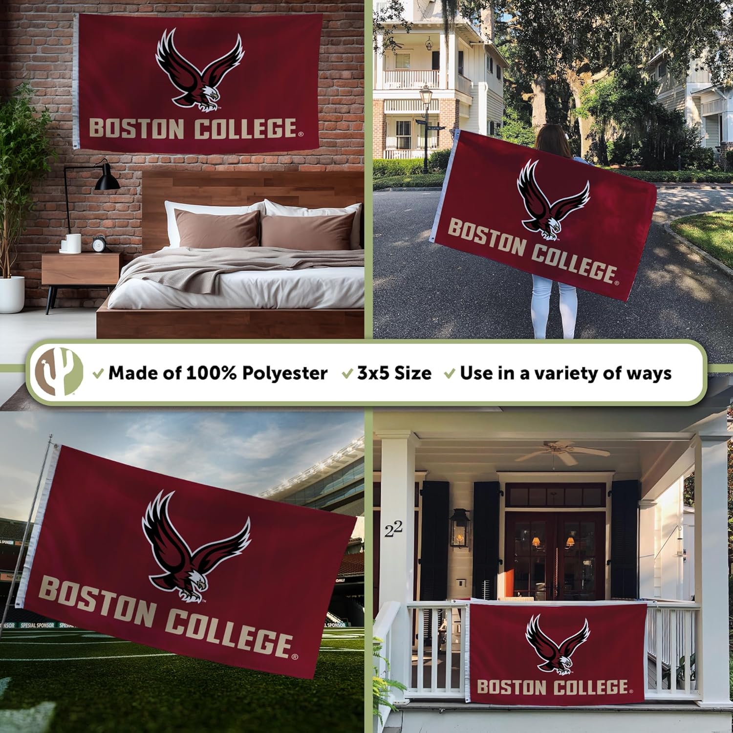 Desert Cactus Boston College BC Flag - 3 x 5 Feet Eagles Banner, Indoor/Outdoor Durable Fabric, 100% Polyester Design (Style 3)