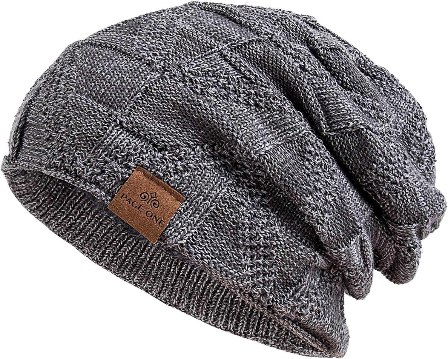 PAGE ONE Mens Winter Slouchy Beanie Warm Fleece Lined Skull Cap Baggy Cable Knit Hat One Size Gray