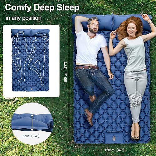 Miniatura 3 de Night Cat Colchoneta inflable doble para dormir con bomba de pie y almohada doble para camping, mochilero, senderismo, ultraligera, compacta,