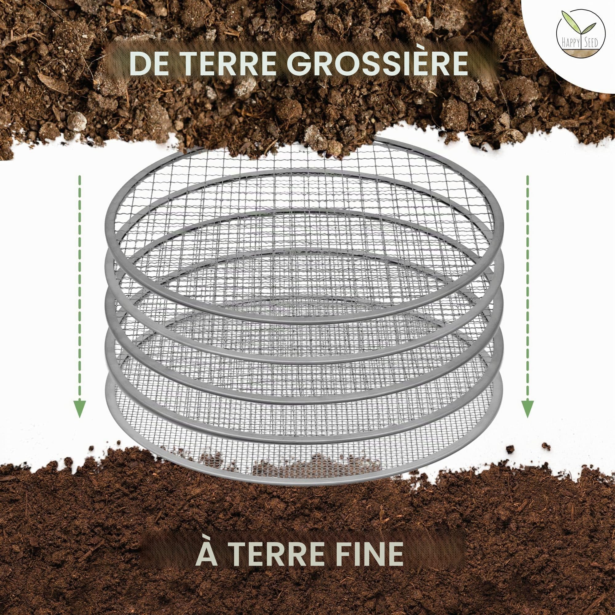 Tamis de jardin rond 30 cm avec 5 tamis interchangeables - tamis à compost en acier inoxydable pour la terre, le compost, les graines - pelle de jardin incluse