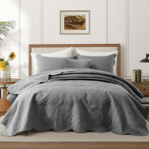 IR Imperial Rooms King Quilt Bedding Set Size (106" x 96") + 2 Pillow Shams (20" x 36"+ 2") - 3 Pcs All Season Lightweight Reversible Microfiber Coverlet Floral Embossed Quilt Bedspread (Grey)
