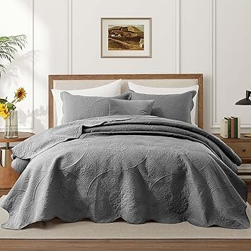 IR Imperial Rooms King Quilt Bedding Set Size (106" x 96") + 2 Pillow Shams (20" x 36"+ 2") - 3 Pcs All Season Lightweight Reversible Microfiber Coverlet Floral Embossed Quilt Bedspread (Grey)