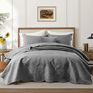 IR Imperial Rooms King Quilt Bedding Set Size (106" x 96") + 2 Pillow Shams (20" x 36"+ 2") - 3 Pcs All Season Lightweight Reversible Microfiber Coverlet Floral Embossed Quilt Bedspread (Grey)