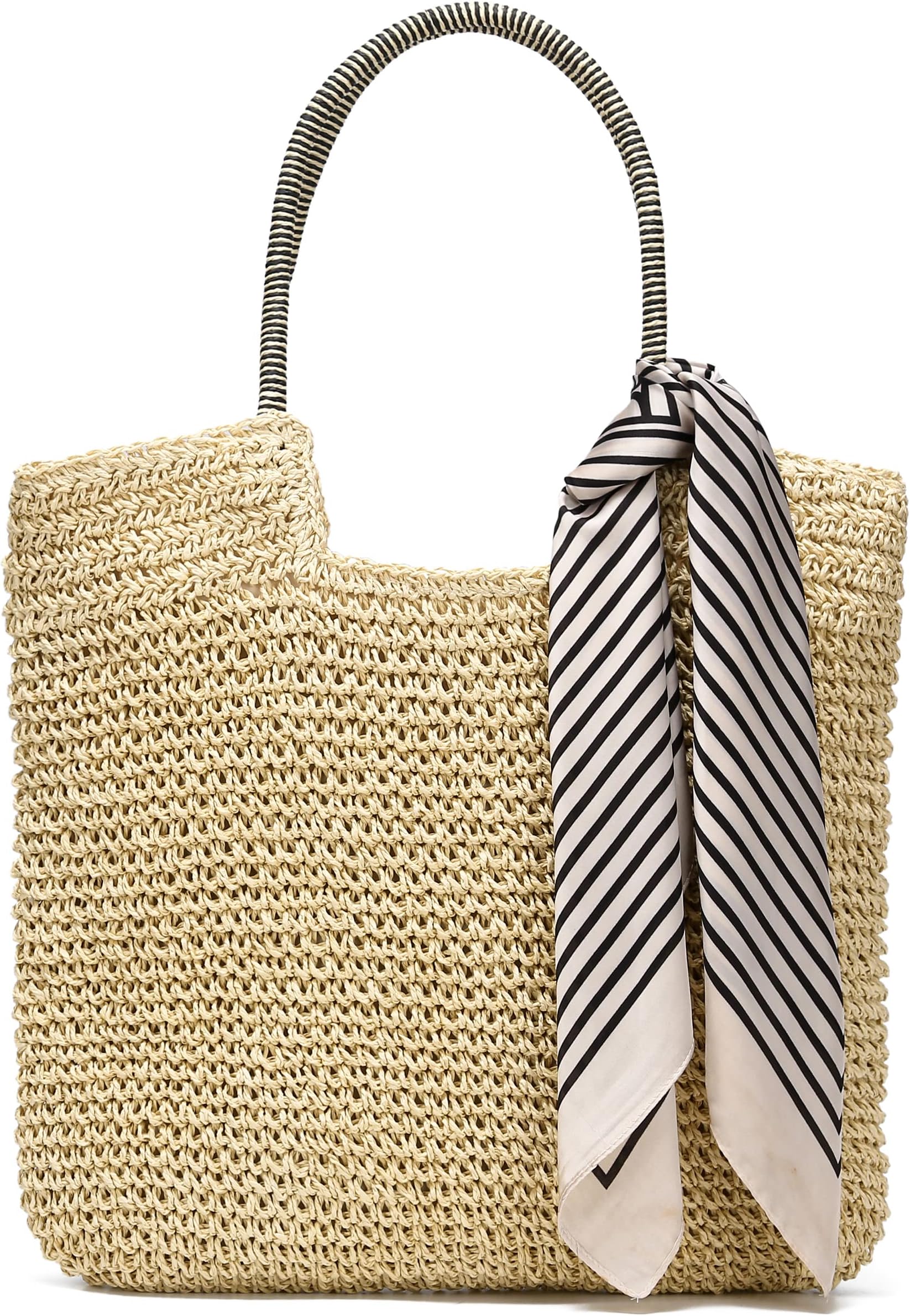 RejollyRejolly Straw Tote Bag for Women Beach Summer Vacation Boho Rattan Handbags with Scarf Large Woven Shoulder Purse Zipper Closure Beige