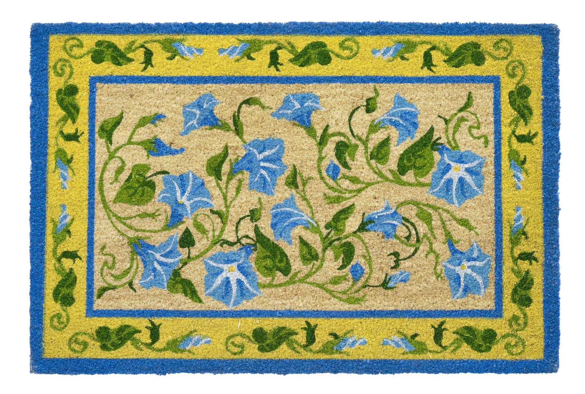 HF by LT Morning Glory 100% Coir Doormat, 18 x 30 inches, Slip-Resistant PVC Backing, Blue and Yellow Floral Design, Durable, Sustainable