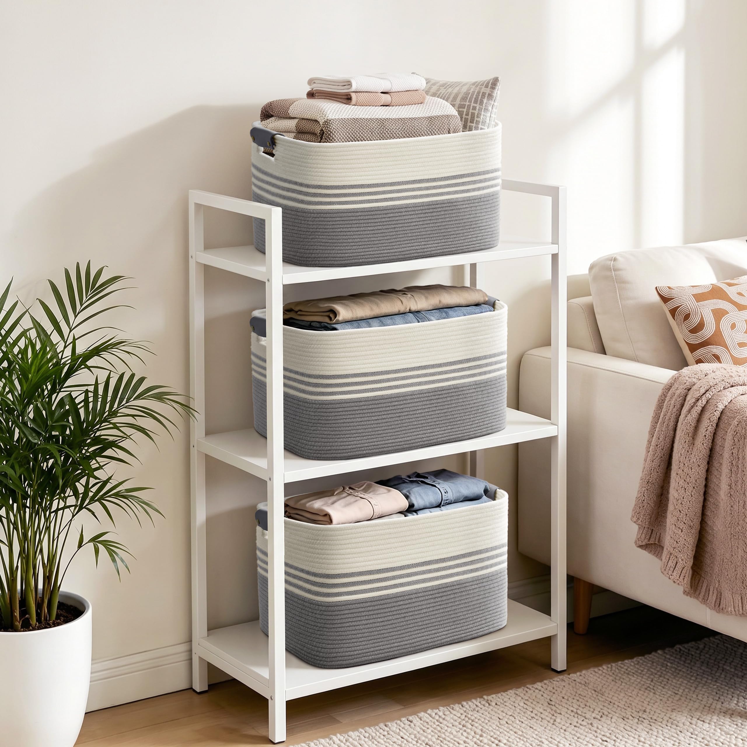 Cesto grande para ropa trenzado en cuerda de algodón, 86L, recipiente con asas de cuero, para mantas, ropa, juguetes, de lavandería para habitación infantil o salón, 60x40x36 cm, blanco y gris