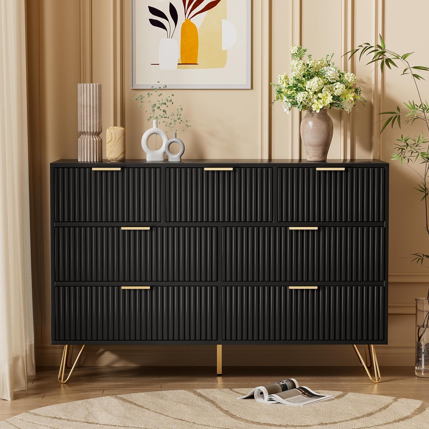 Dresser for Bedroom, Fluted Modern Dresser with Gold Pulls and 7 Drawers, 15.7" D x 47.2" W x 31.4" H, Black