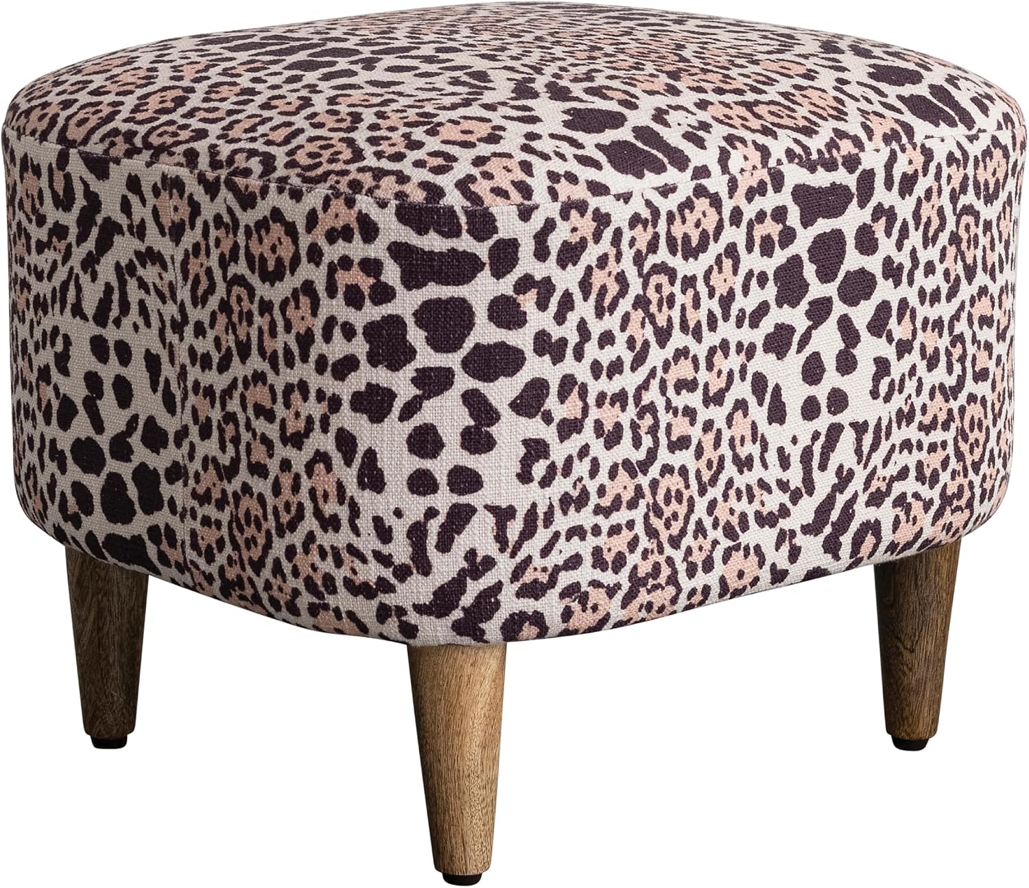 Creative Co-Op Cotton Slub Upholstered Square Stool Ottoman with Jaguar Print and Mango Wood Legs, Multicolor and Natural