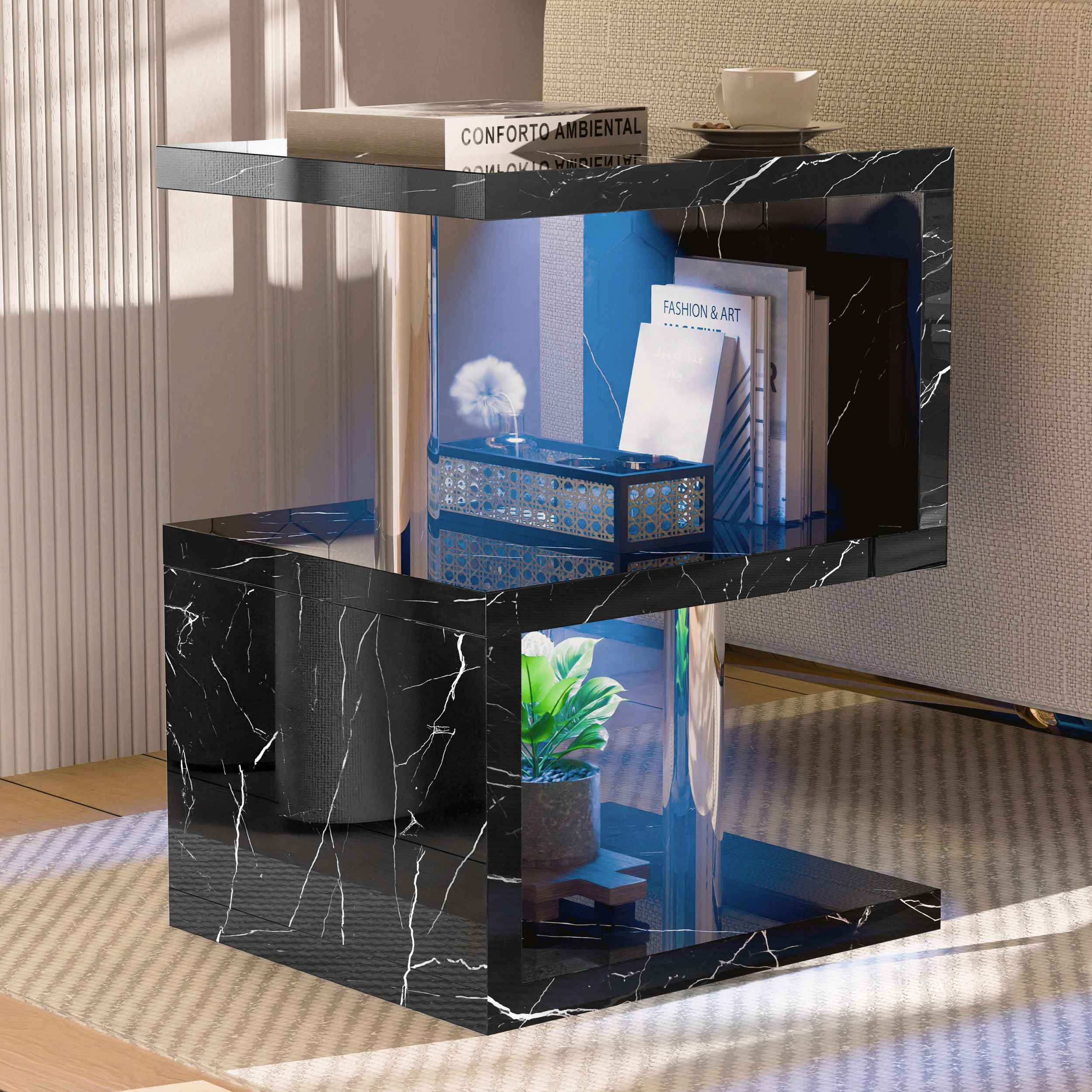 Blisswood High Gloss Small Side Table, S-Shaped Sofa Side Table with Storage Shelves & RGB LED Lights, Modern End Table for Living Room, Bedroom or Small Spaces, Black Marble