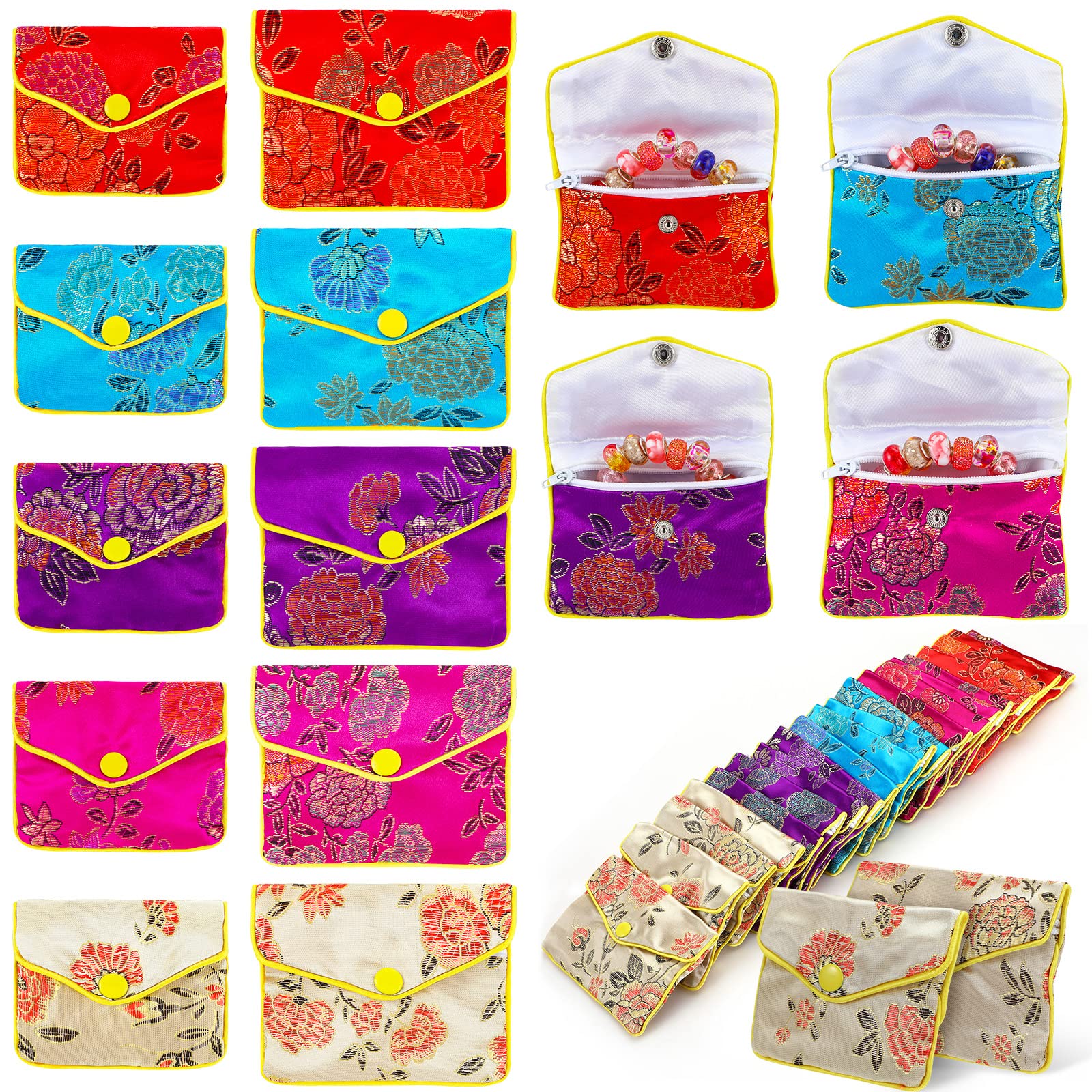 Bucherry 90 Pcs Jewelry Silk Purse Brocade Gift Pouch with Zipper Chinese Silk Style Jewelry Pouch for Women Girls Necklaces Earrings Bracelets Coin