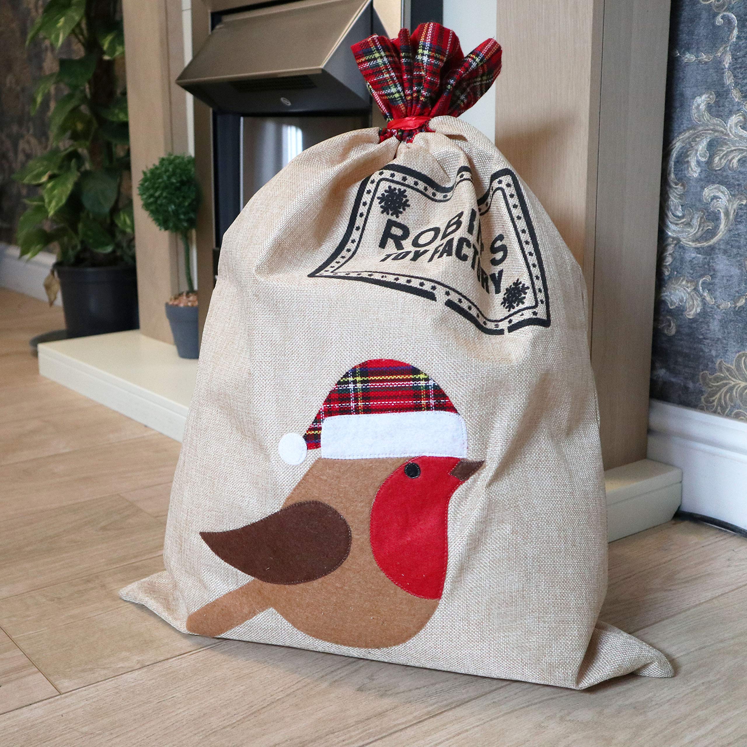 4Pcs Santa Sacks 70x50cm Assorted, Burlap Hessian Linen Christmas Bags, Christmas Pudding, Reindeer, Robin, Snowman Designs - Image 3