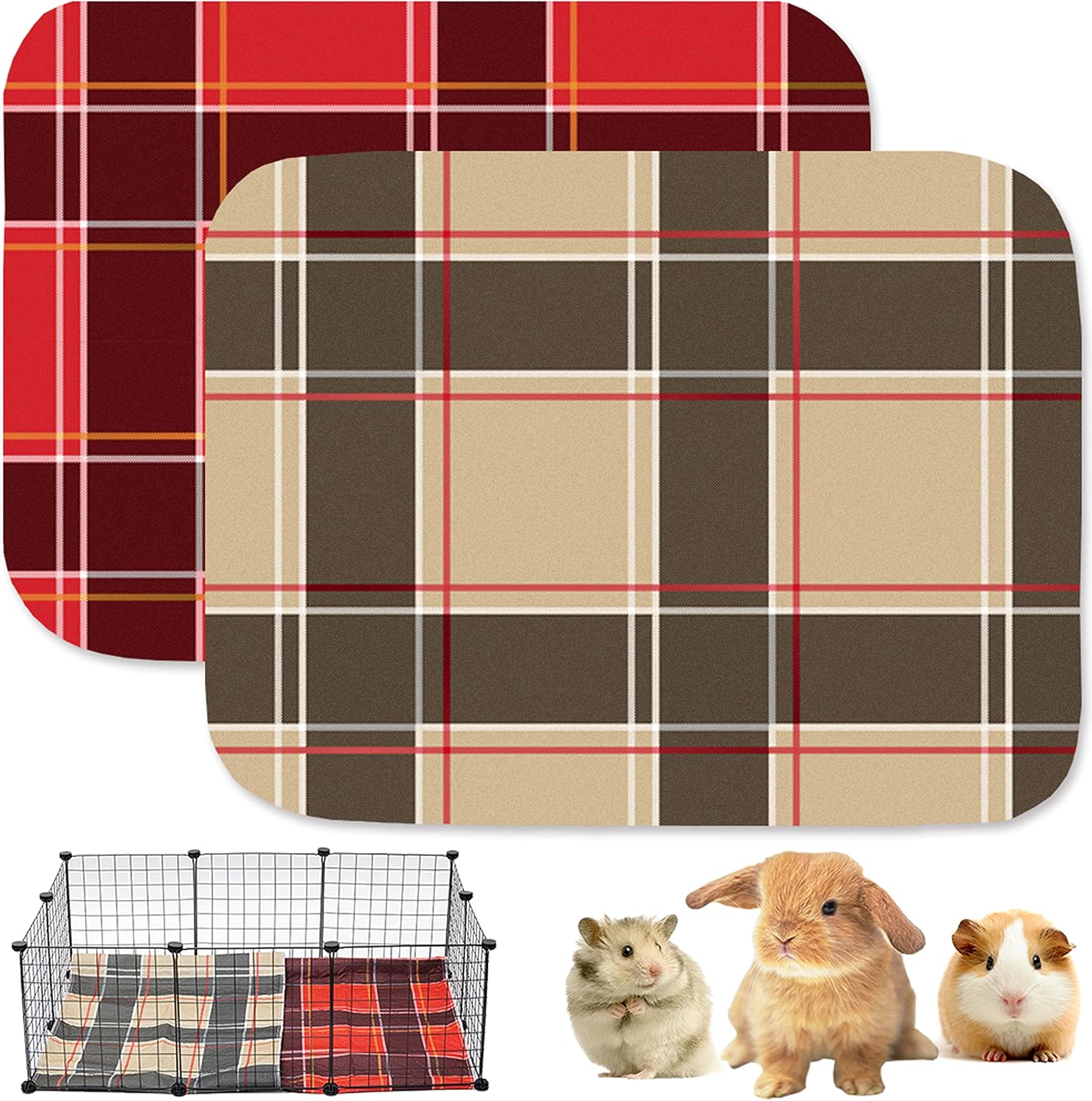 ABFEKIEA Rabbit Cage Liner - Waterproof Anti-Slip Bedding Liner for Hamster Bunny Kittens Puppies Small Animal - Cute Plaid Washable…