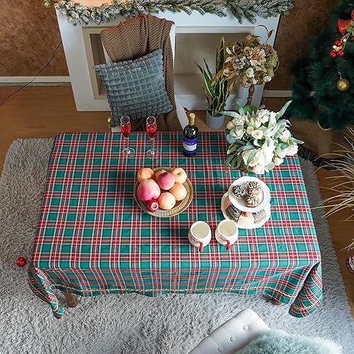 Miniatura 2 de ARTABLE Mantel de Navidad a cuadros rojos con pompones de copo de nieve para Navidad, hogar, cocina, decoración de vacaciones (cuadros verdes