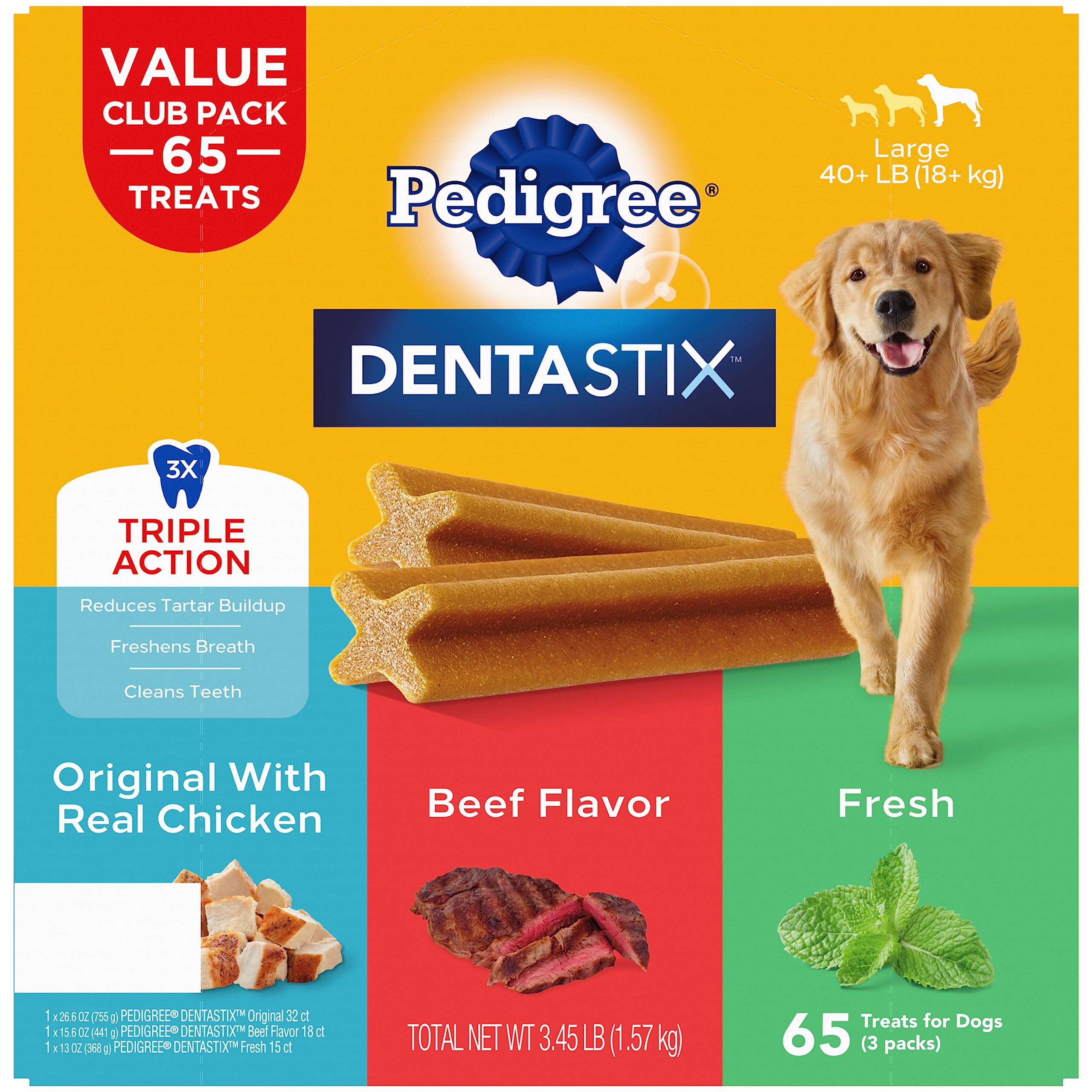 DENTASTIXPedigree Large Dog Dental Care Treats Original, Beef & Fresh Value Club Pack, 3.45 lb. (65 Treats)