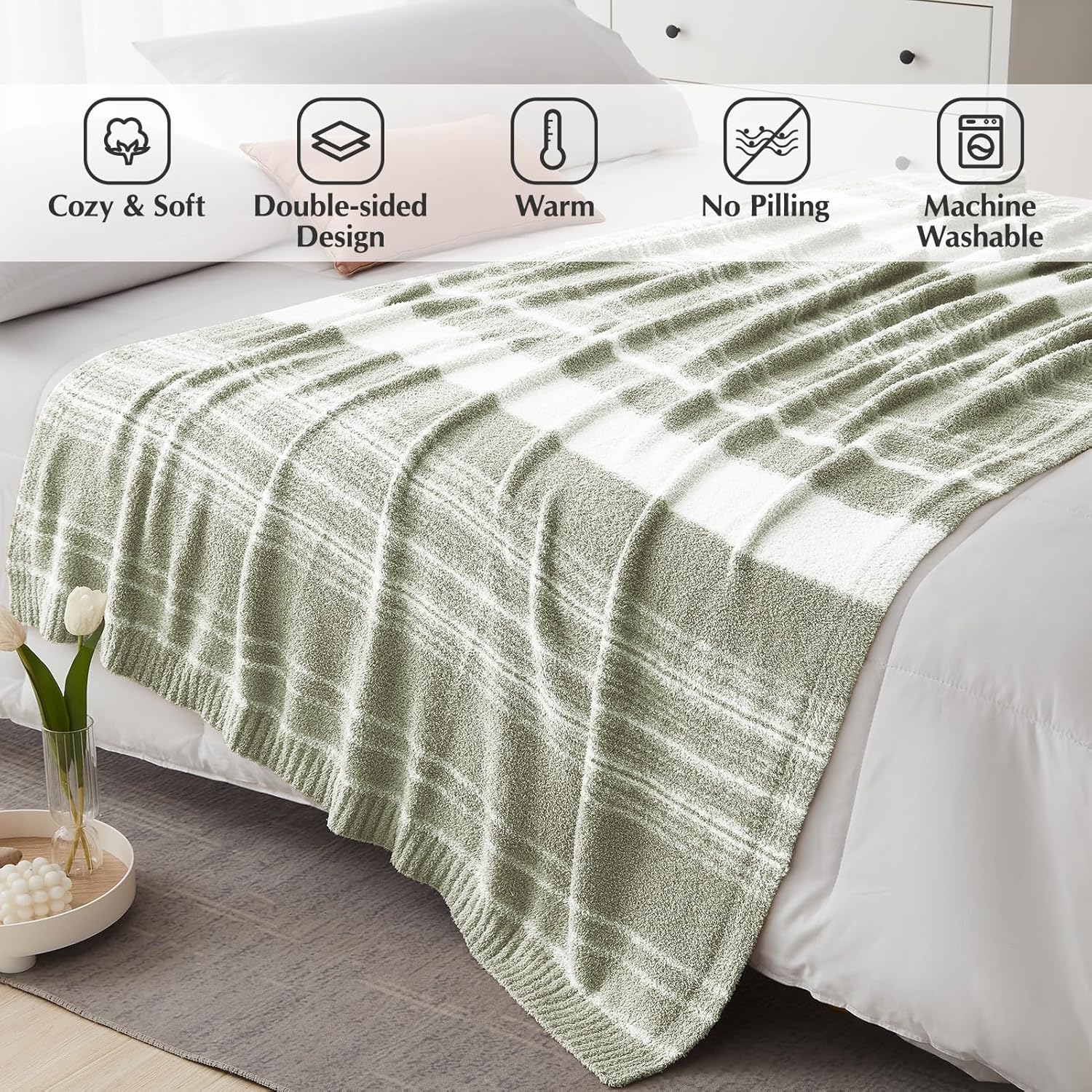 WRENGONGE Sage Green Throw Blanket, 50x70 Soft Cozy Striped Throw Blankets for Couch, Sofa, Bed, Travel, Lightweight Fluffy Warm Plush Decorative Blankets for Women, Men Gift - Image 2