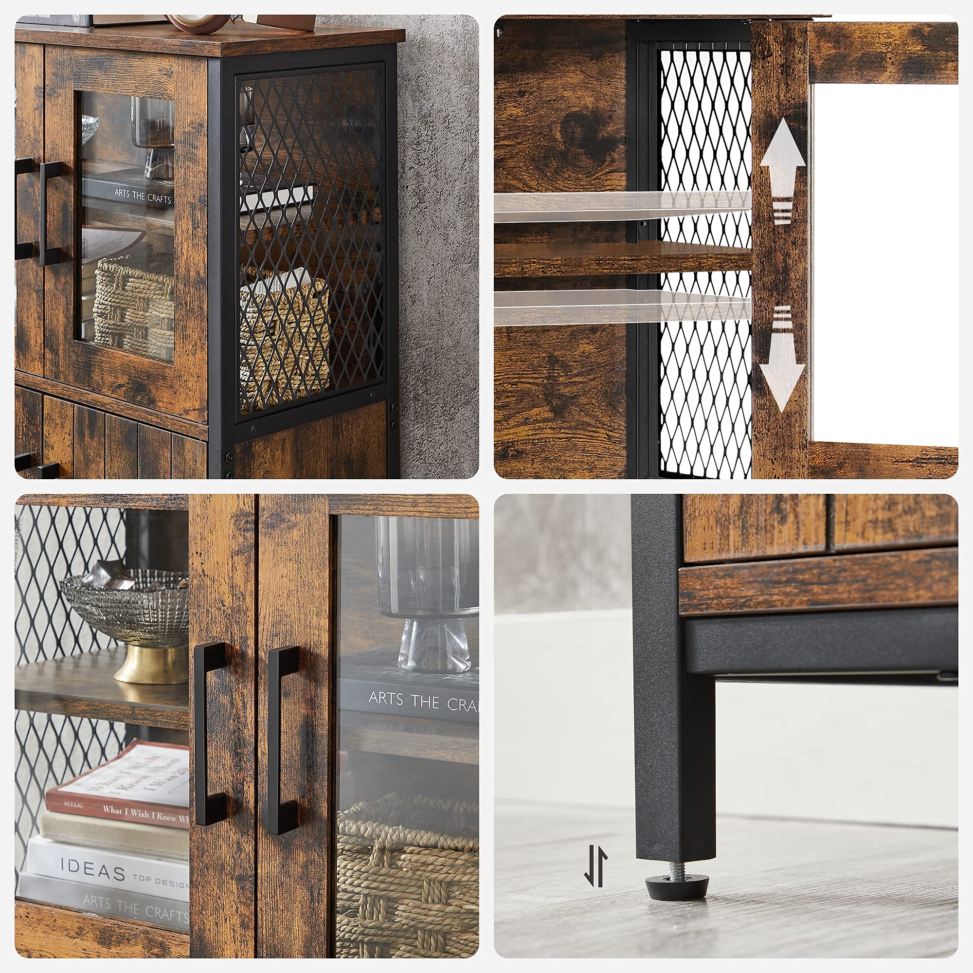VASAGLE Mobiletto Multiuso, Armadietto, Credenza, Ripiano Regolabile, Mobile da Bagno, Struttura in Acciaio, per Salotto Cucina, Stile Industriale, Marrone Vintage e Nero LSC260B01
