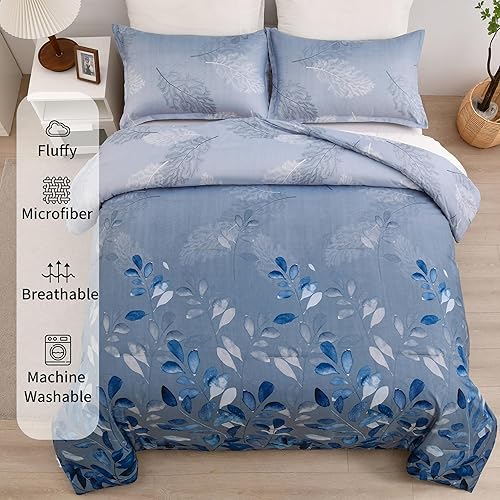 Miniatura 3 de DJY Juego de edredón azul tamaño King, edredón de hojas botánicas azul marino para cama King, juego de edredón reversible floral de 3 piezas, juego