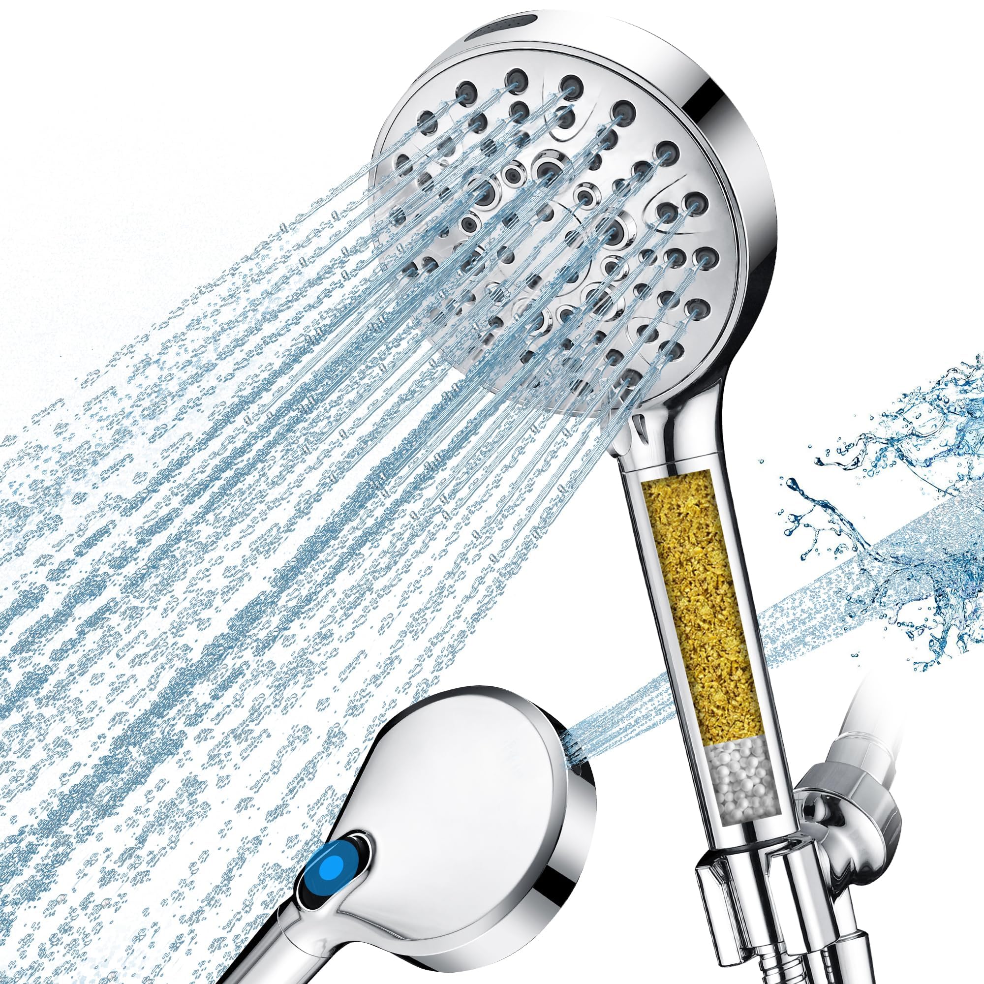 BRIGHT SHOWERS Alcachofa de ducha filtrada de mano, cabezal de ducha de alta presión con 9 modos de pulverización con manguera larga y soporte, filtro suavizante de agua para agua dura, elimina el