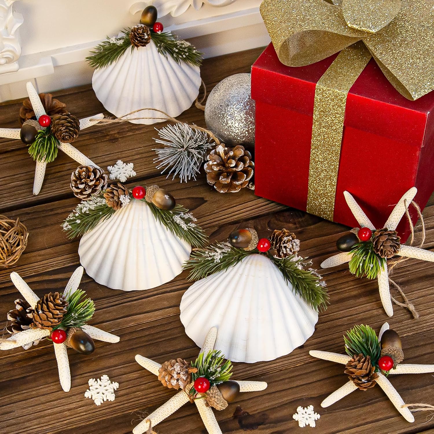 Seashell Starfish Ornaments for Christmas Tree 12PCS Handmade Natural Sea Shells & Starfish Crafts with Natural Pine Cones, for Christmas Decorations Coastal Beach Nautical Christmas Tree Ornaments - Image 2