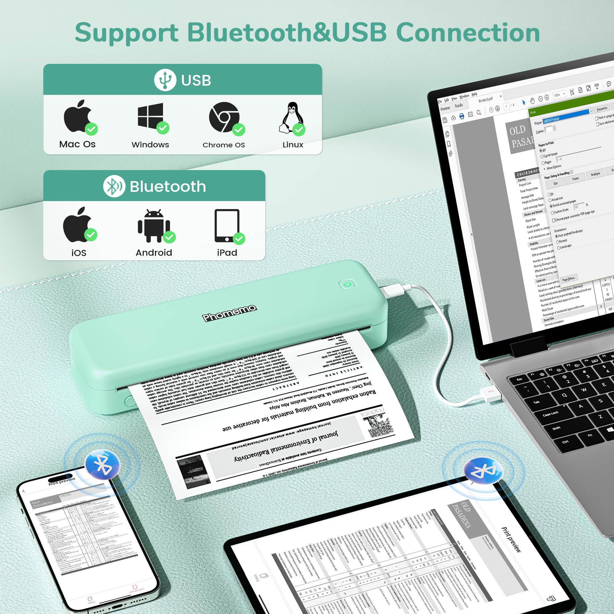 Phomemo M834 Stampante Portatile A4, Stampante Termica Portatile, Connessione Bluetooth e USB, Supporta Carta Termica A4, Con Custodia per il Trasporto e 4 Rotoli di Carta Termica, Verde