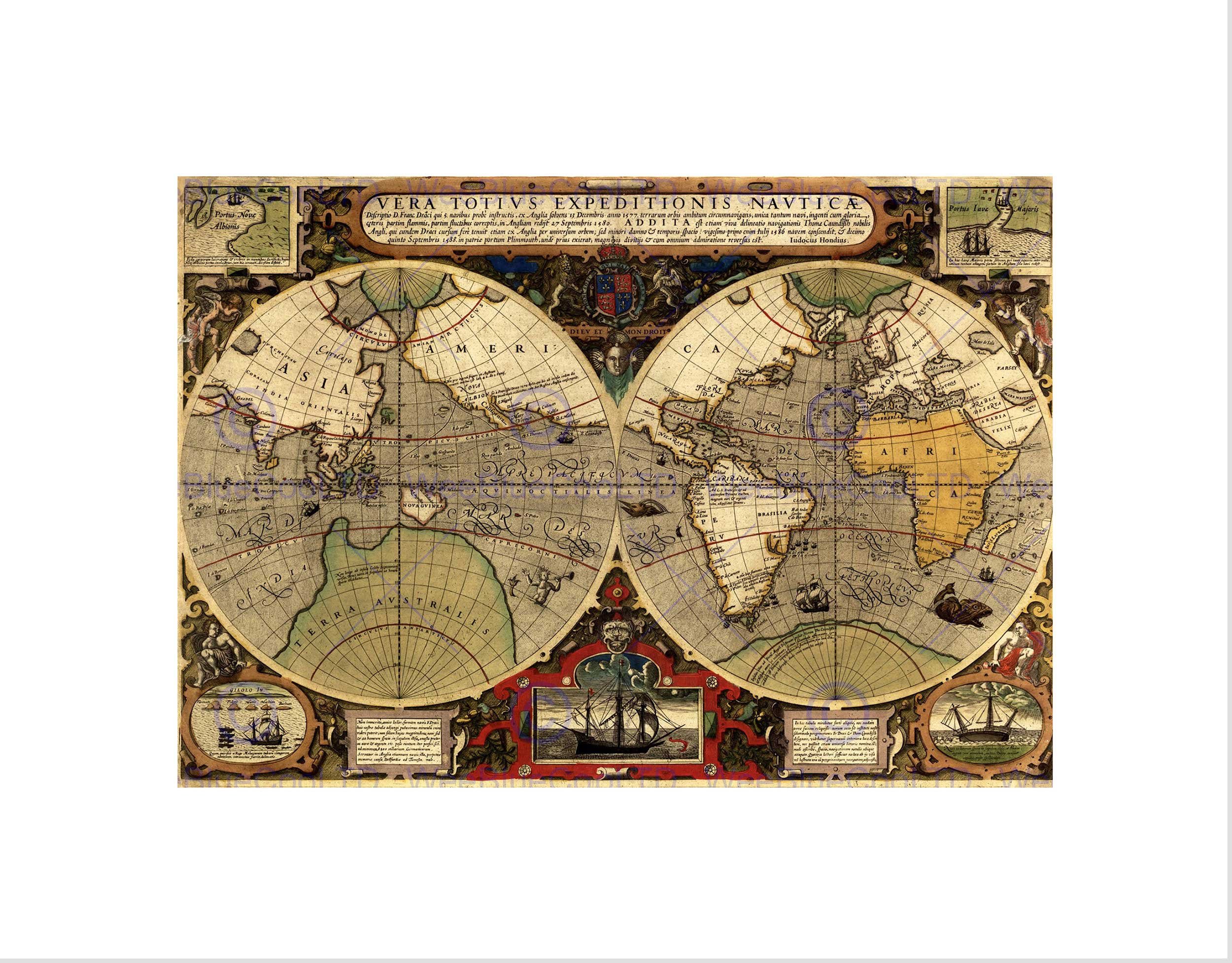 Wee Blue Coo Map Antique Hemisphere Globe Worlds Picture Wall Art Print