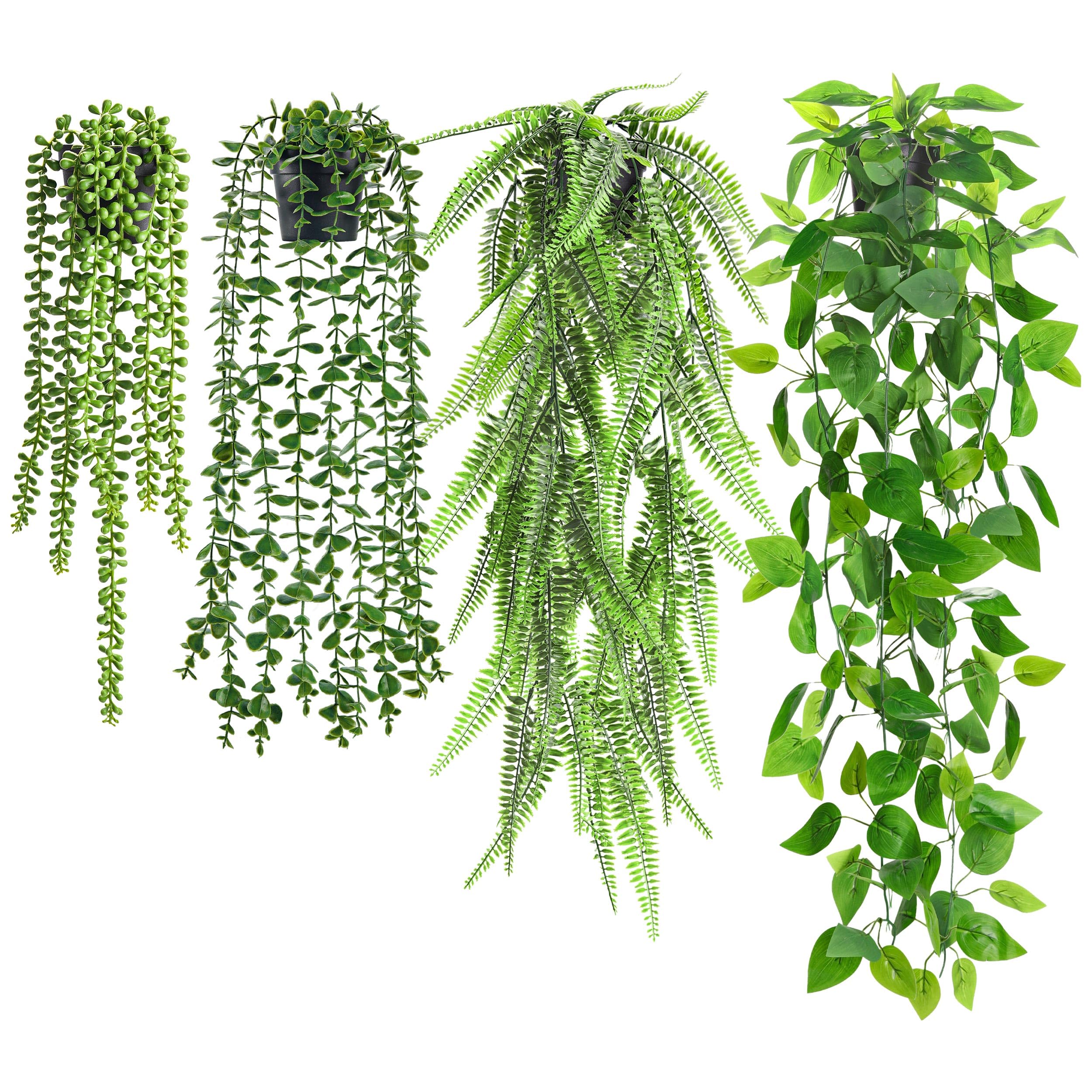 BTSD-home 4 Stück Künstliche Hängepflanzen Kunstpflanze Hängend Fake Plant Für Wohnzimmer Wanddeko Zimmer Deko Mit Efeutrauben Künstlichem Eukalyptus Bostonfarn Und Perlenkette