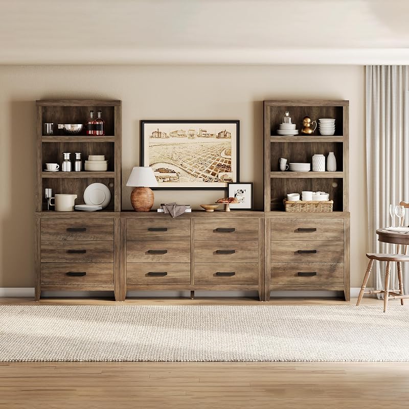 WAMPAT 116" Entertainment Center with Bookshelves, 5-Piece TV Stand with Drawers and Storage, Large Media Console Wall Unit with 2 Tall Bookcases, Modular TV Cabinet for Living Room,Brown image 5