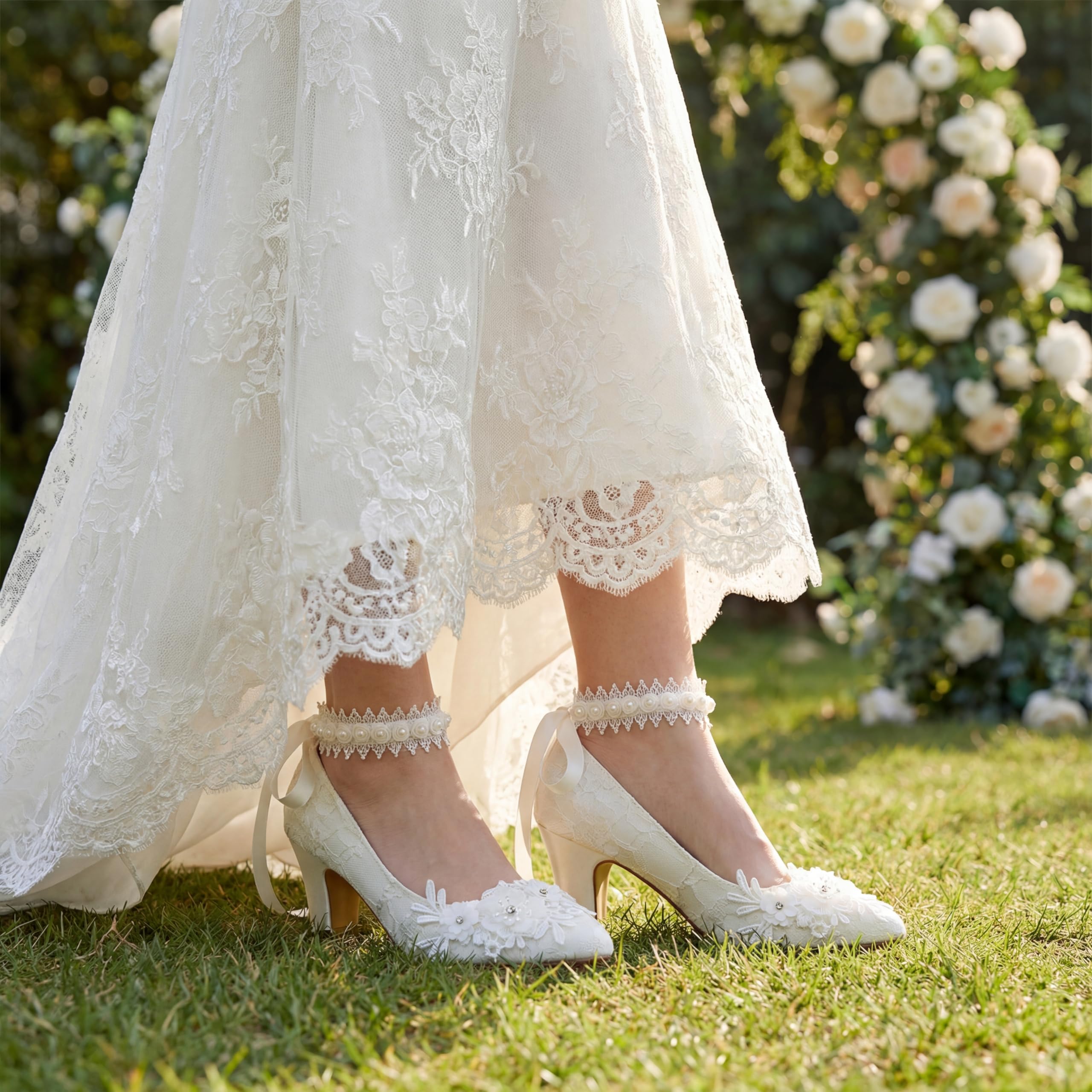 JIAJIA 62311B Damen Brautschuhe Geschlossene Spitze 7cm Blockabsatz Satin Pumpen Satin Blumenband Krawatte Hochzeitsschuhe