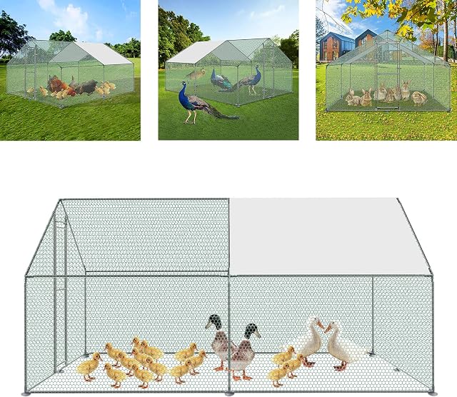 LZQ Chicken Run Coop Heavy Duty Galvanised Steel Cage Suitable for Small Animals Pets Hens Rabbit Dogs Ducks Chicken Poultry Includes Roof Cover 3 x 4 x 2 m