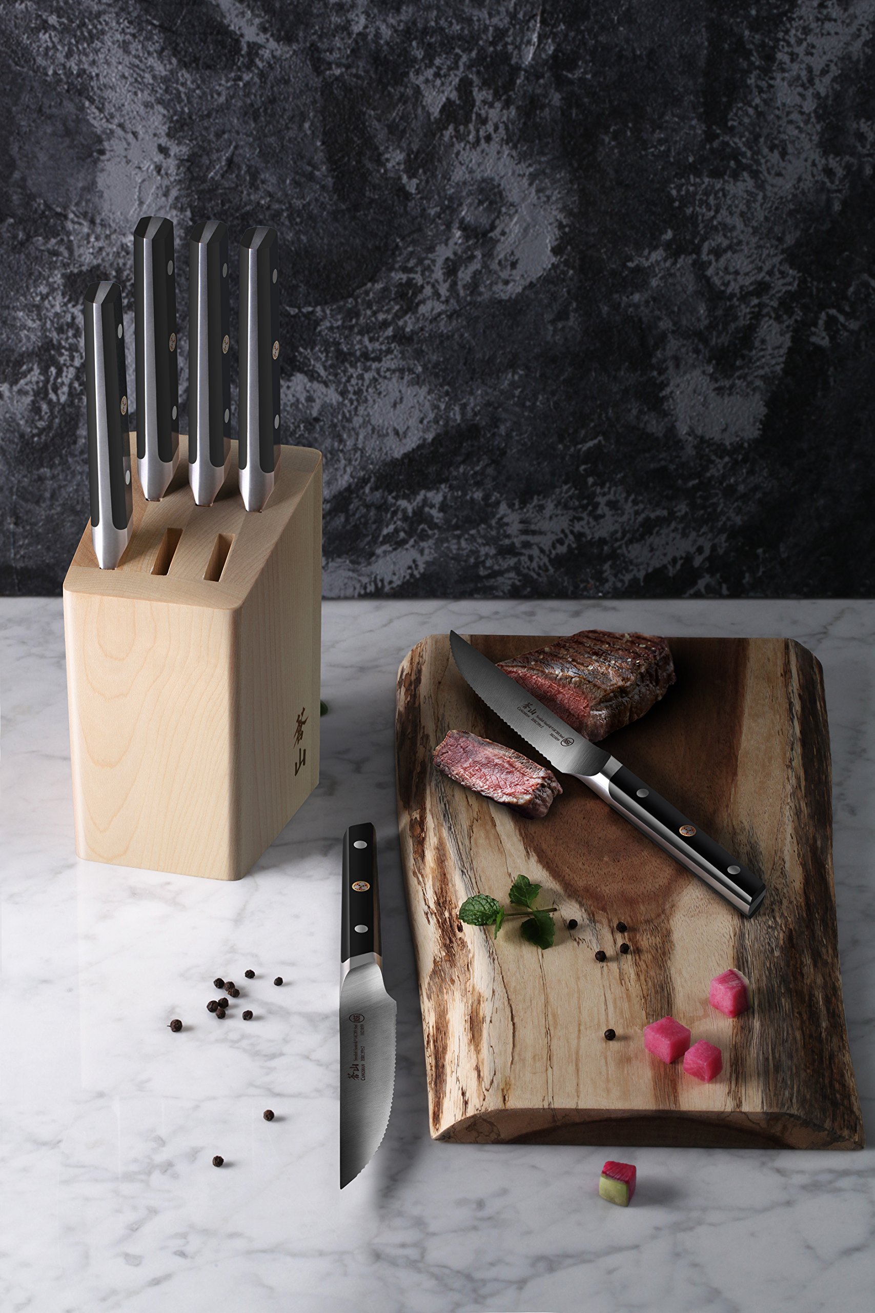 Cangshan TC Serie Steakmesser-Set, 6-teilig Aus Schwedischem Stahl – Mit Ahorn-Block, Wellenschliff