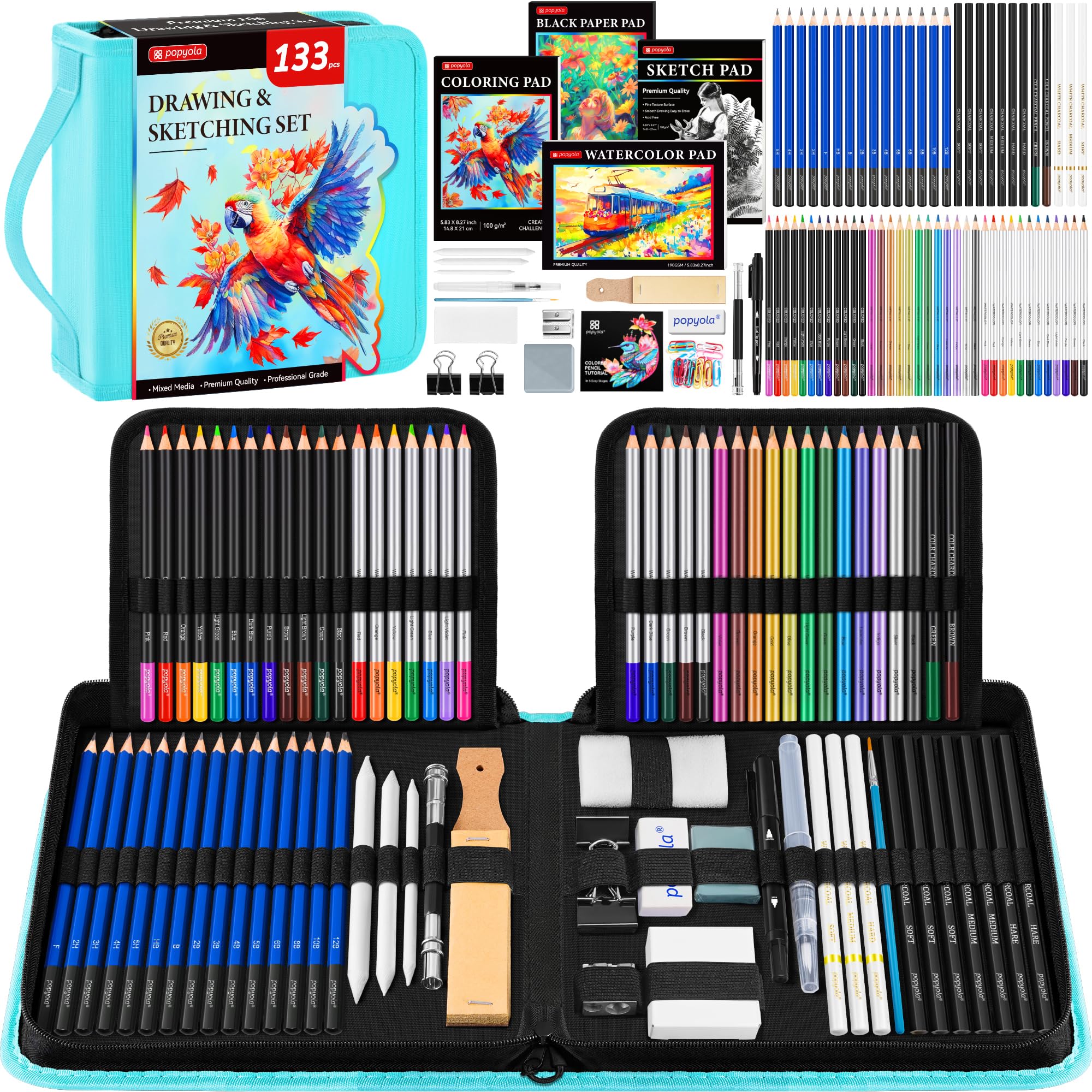 Set da disegno da 133 pezzi, kit per schizzi, forniture artistiche professionali | con Sketch Book, Coloring Book, Acquerello, Blocco di Carta Nero, Grafite Colorato Carbone Acquerello & Matite Metalliche