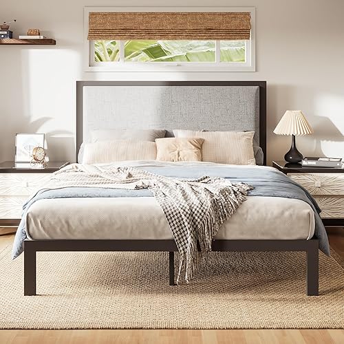 WEEWAY Base de cama de metal Queen con cabecera tapizada gris, capacidad de 800 libras, soporte de listones de madera, espacio de almacenamiento