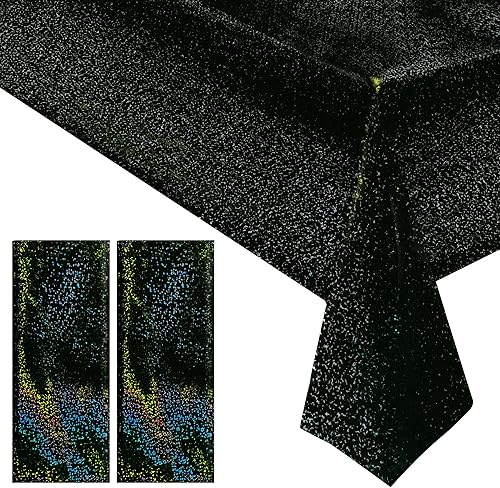2 manteles holográficos negros con láser Galaxy Space de 40 x 108 pulgadas, cubierta de mesa con estrellas brillantes para Halloween, cumpleaños,
